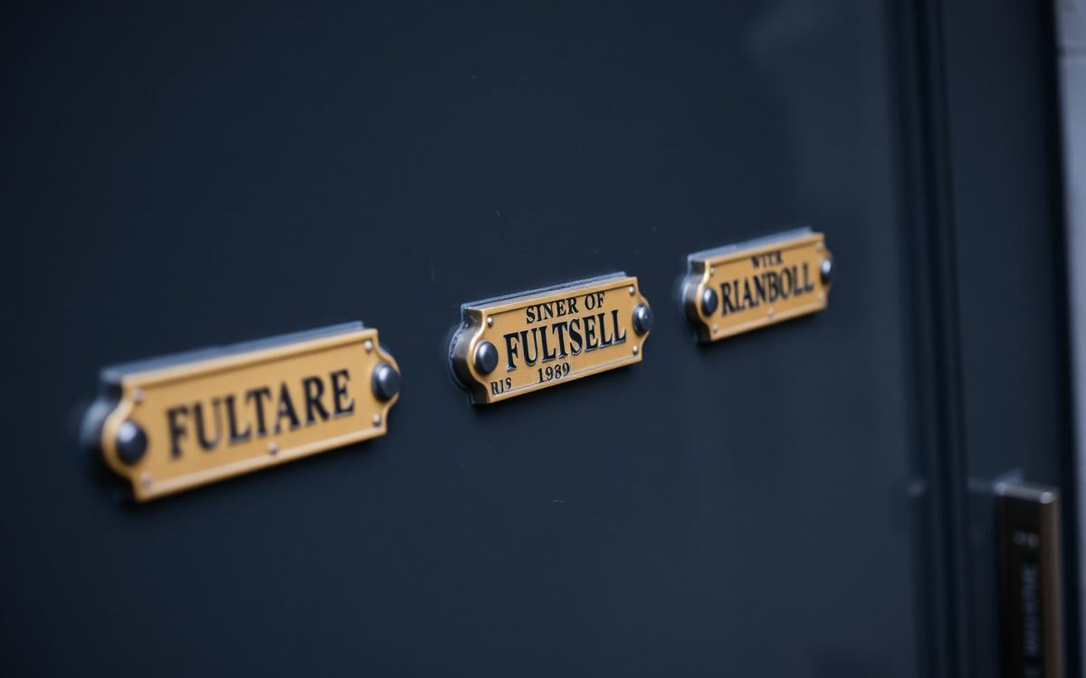Brass company nameplates beside a London office doorway