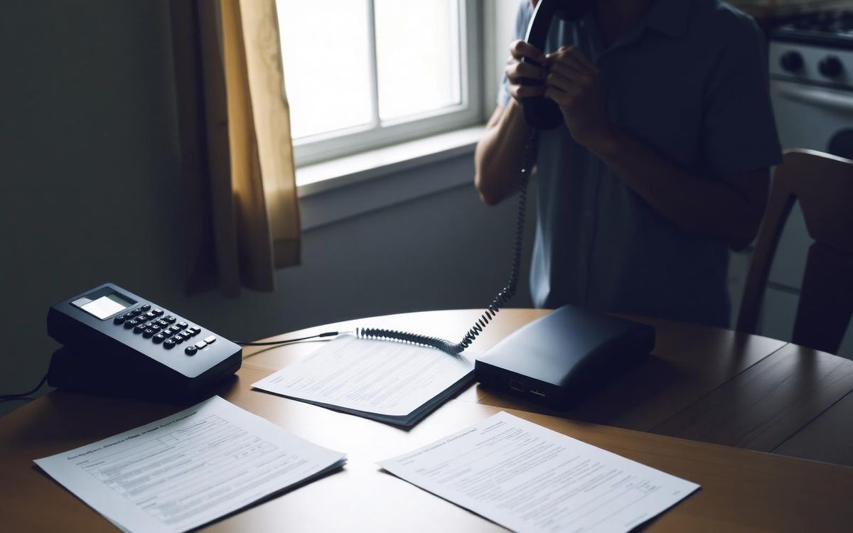 A person on a landline telephone at a kitchen table covered with forms