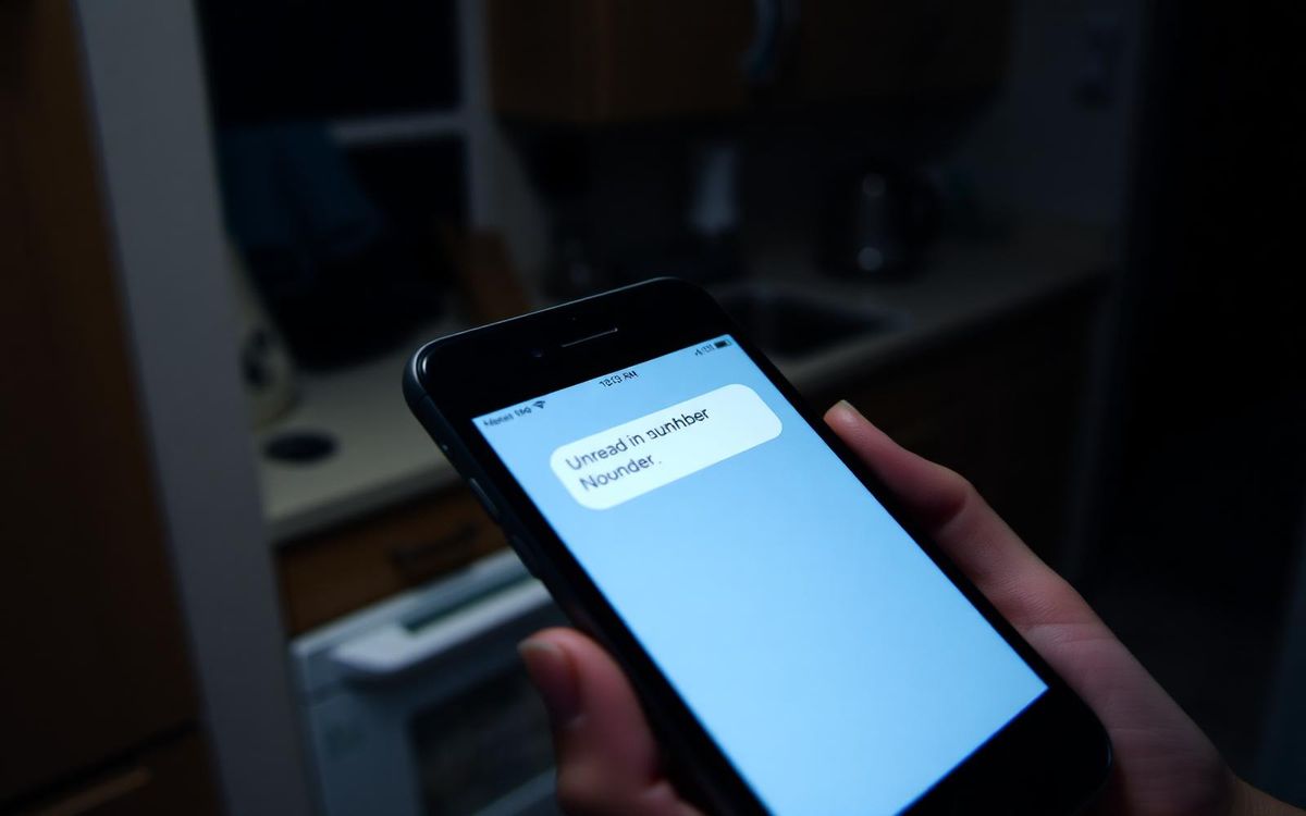 An unread message from an unknown number on a phone in a dark kitchen
