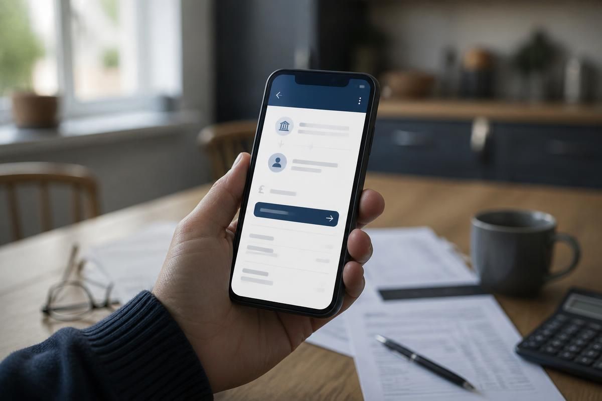 A hand holding a phone showing a bank transfer screen at a kitchen table