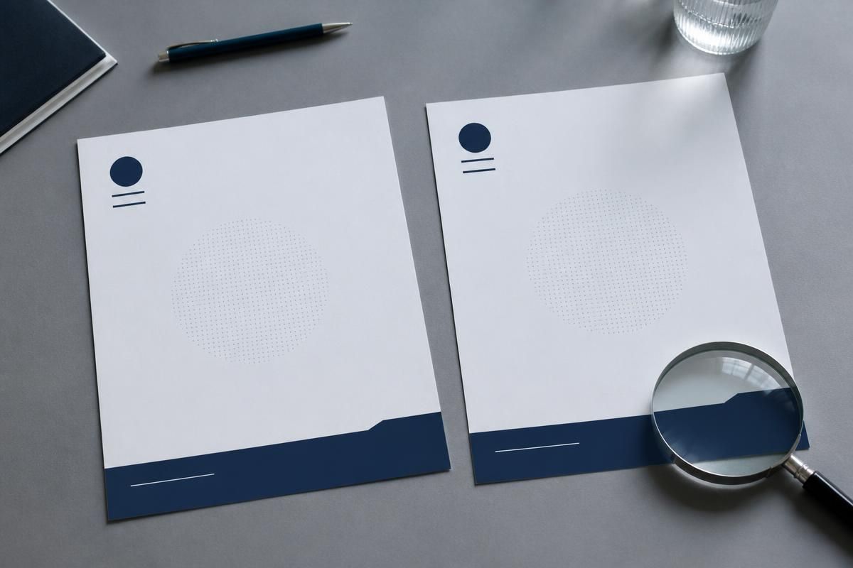 Two near-identical letterheads side by side under a magnifying glass