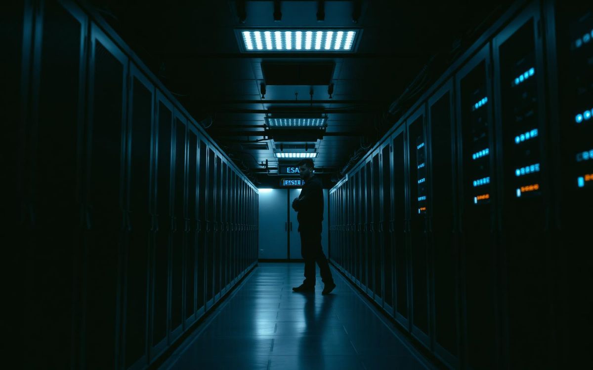 A dim server room aisle with blue status lights and a technician silhouette
