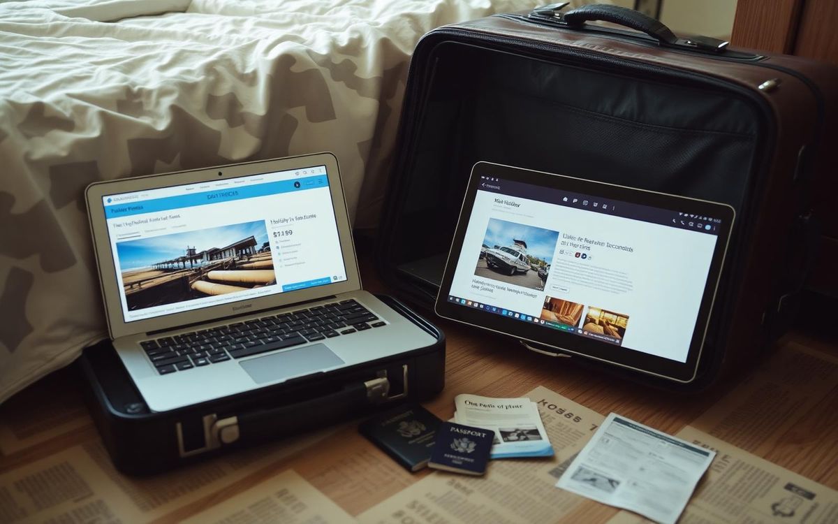 A laptop showing a holiday rental listing beside a packed suitcase