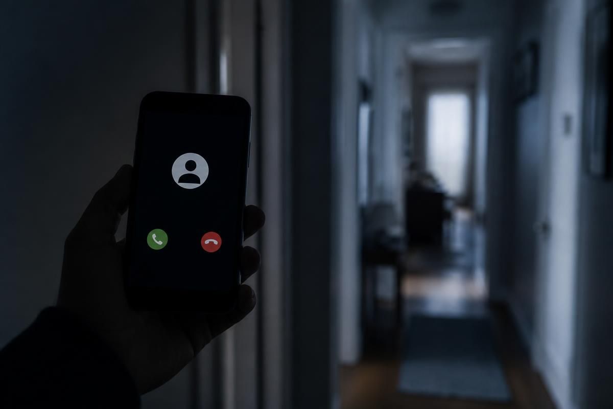 An unidentified incoming call on a phone held in a dim hallway