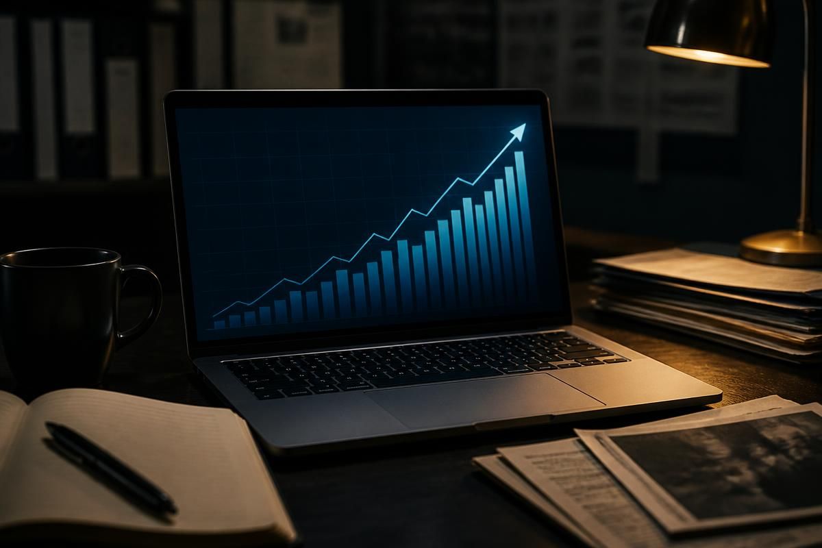 A laptop on a dark desk showing a rising financial chart beside newspapers