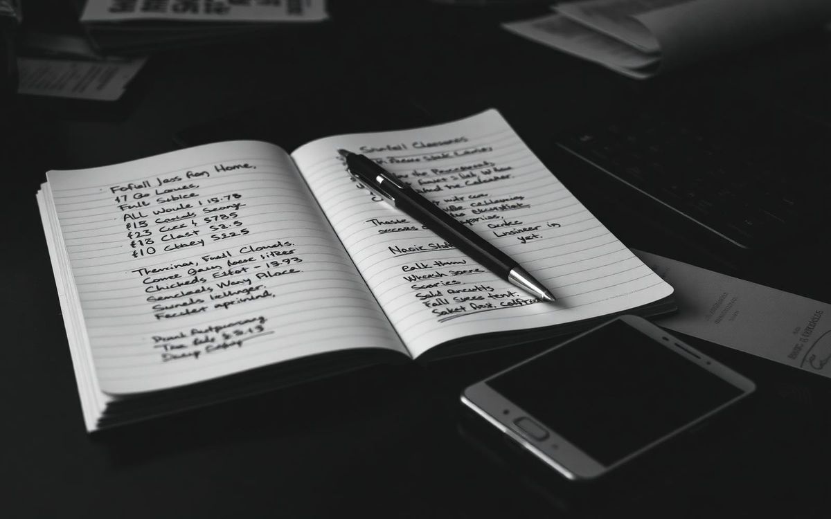 A reporter's notebook of handwritten phone numbers beside a mobile phone