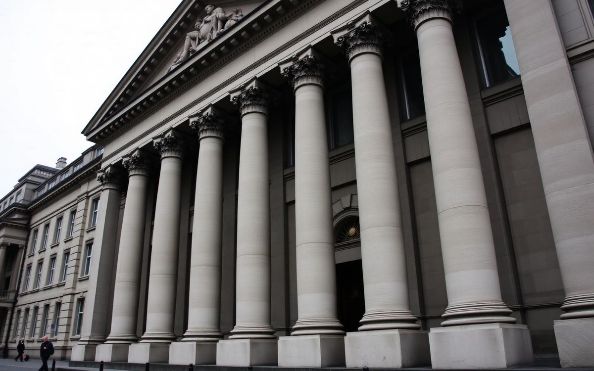 The stone colonnade of a London financial institution on an overcast day