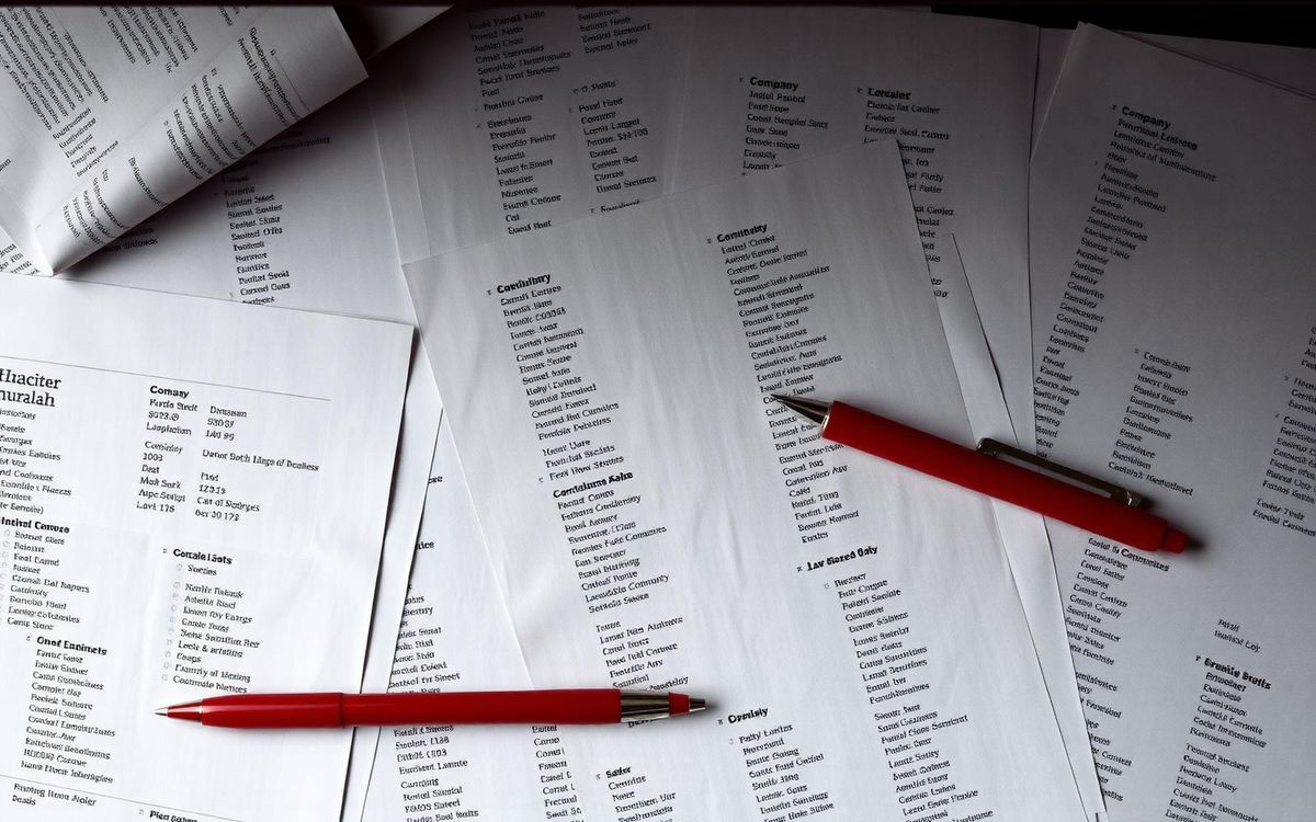 Printed pages of company names with entries marked in red pen